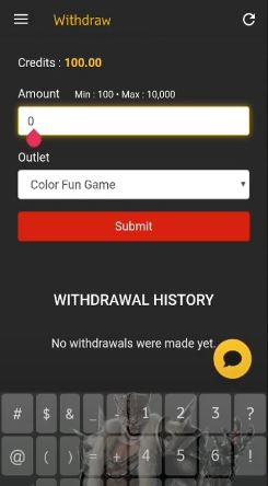Sabong withdrawal screen amount and outlet options